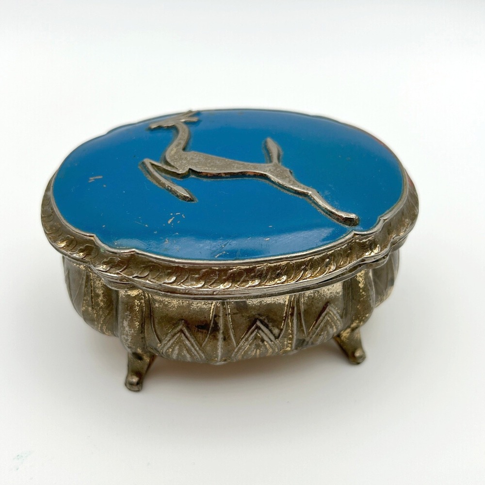 Jewelry‎ Casket Trinket Box with Deer Gazelle Blue Enamel Vintage Mid-Century